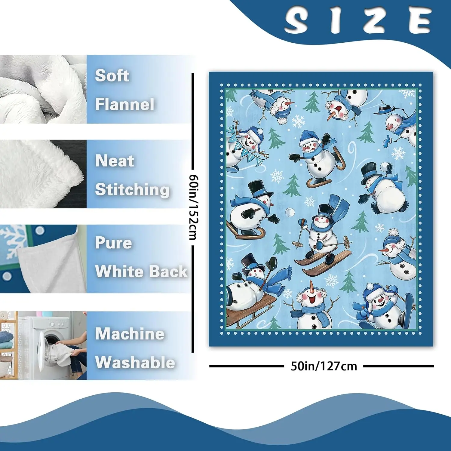 Winter Skiing Snowman Blue Flannel Blanket, Pine Tree Snowflake Throw Blanket Gifts for Kids Men Women, Christmas Seasonal Soft