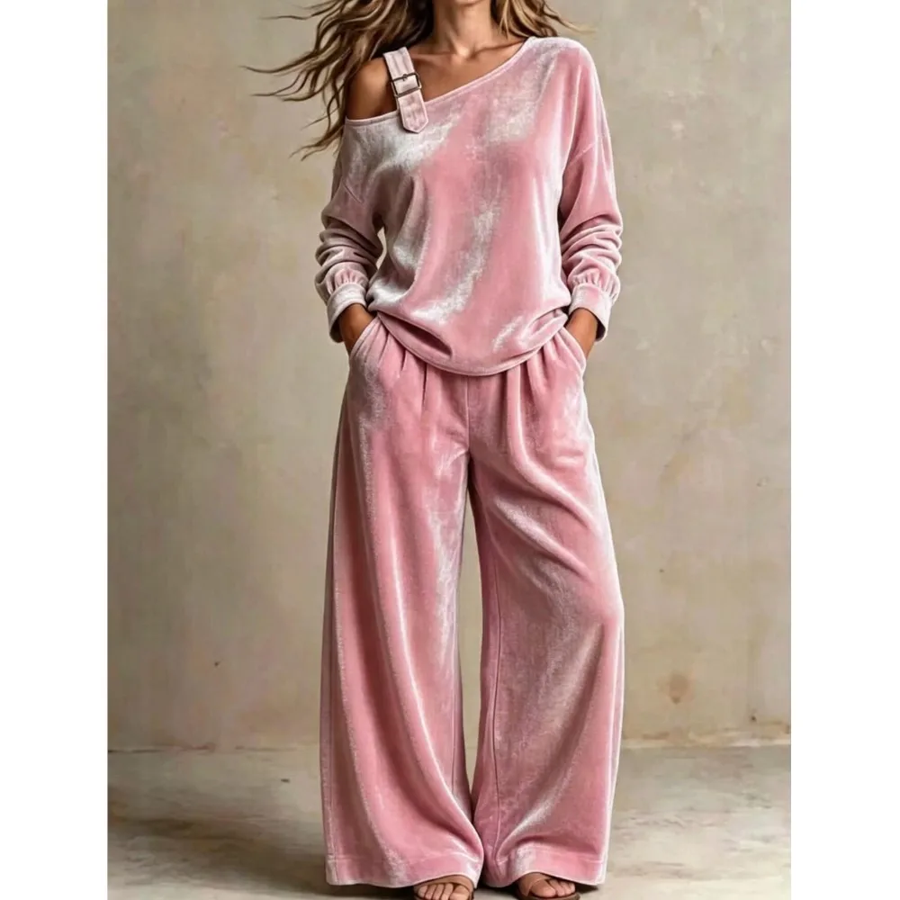 Autumn New Women Velvet Loungewear 2Piece Set One‑Shoulder Buckle Long Sleeve Top Wide Leg Pants Casual Tracksuit For Daily Wear
