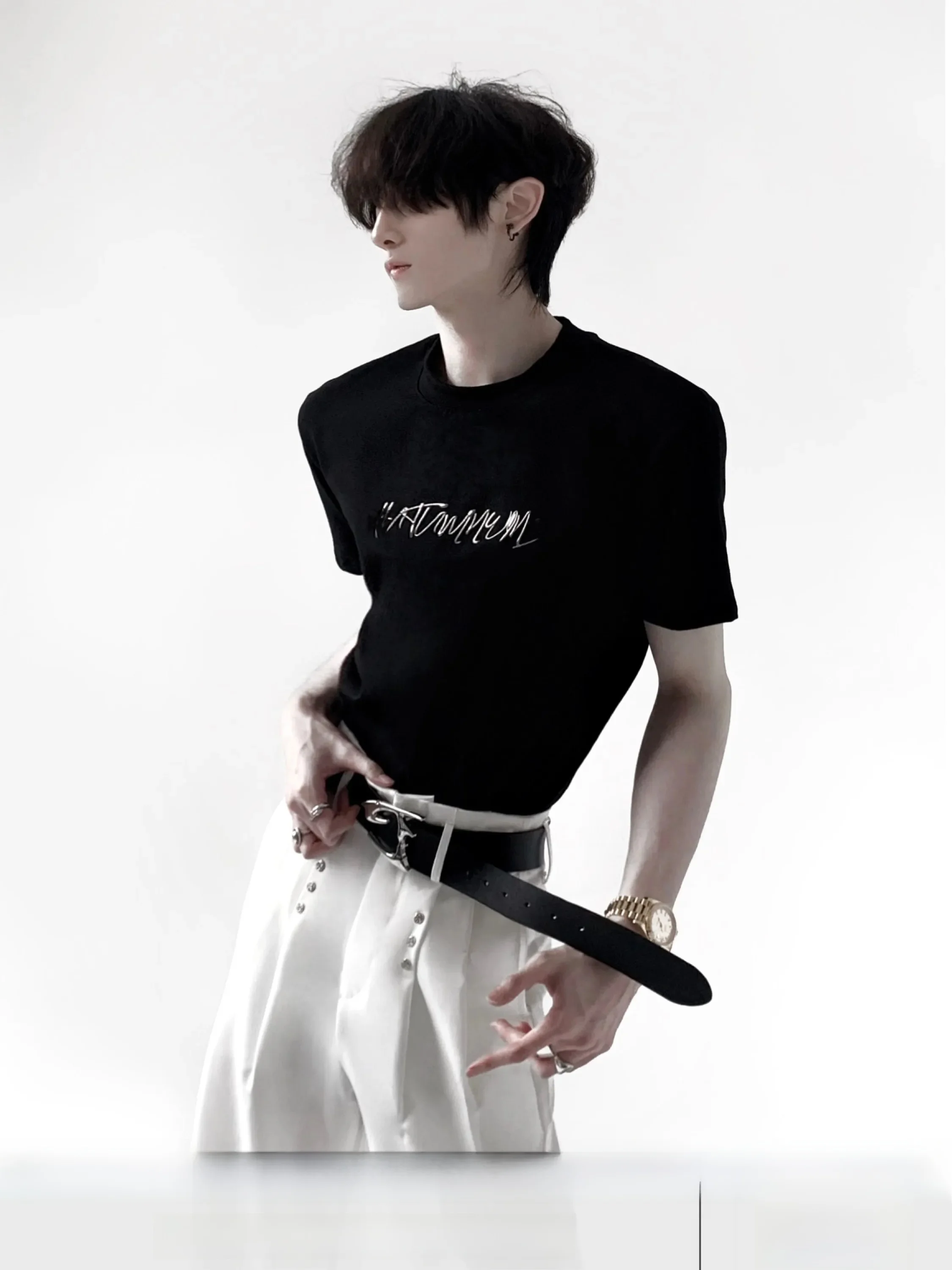 Autumn Mountain Wind Men's T-shirt Gold Lettering Slim Fit Short Sleeve Metal Decoration Comfortable Summer round Neck Top