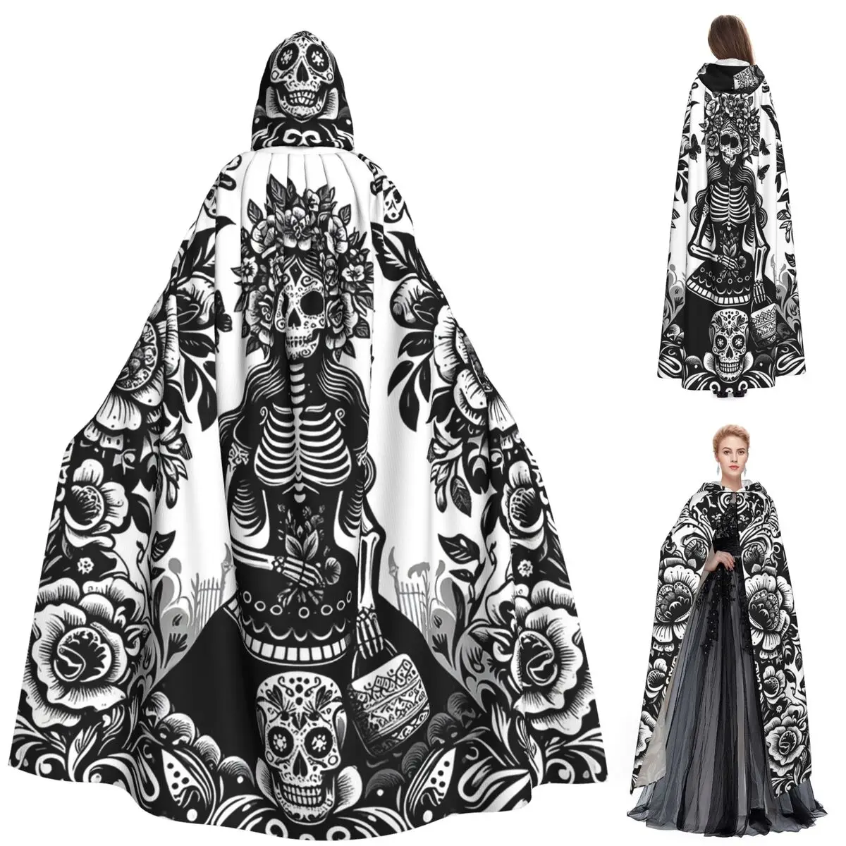 Catrina mexicana para niña, Día de los muertos, calavera de azúcar, capa larga con capucha, disfraz Medieval de bruja, capa de Cosplay, abrigo de Halloween Unisex