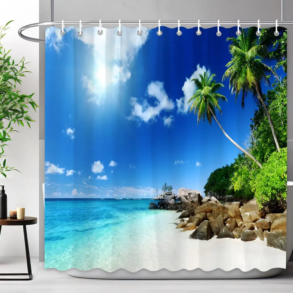 Seaside Scenery Shower Curtain Blue Ocean Beach Tropical Woods Outdoor Nature Landscape Polyester Shower Curtains Bathroom Decor