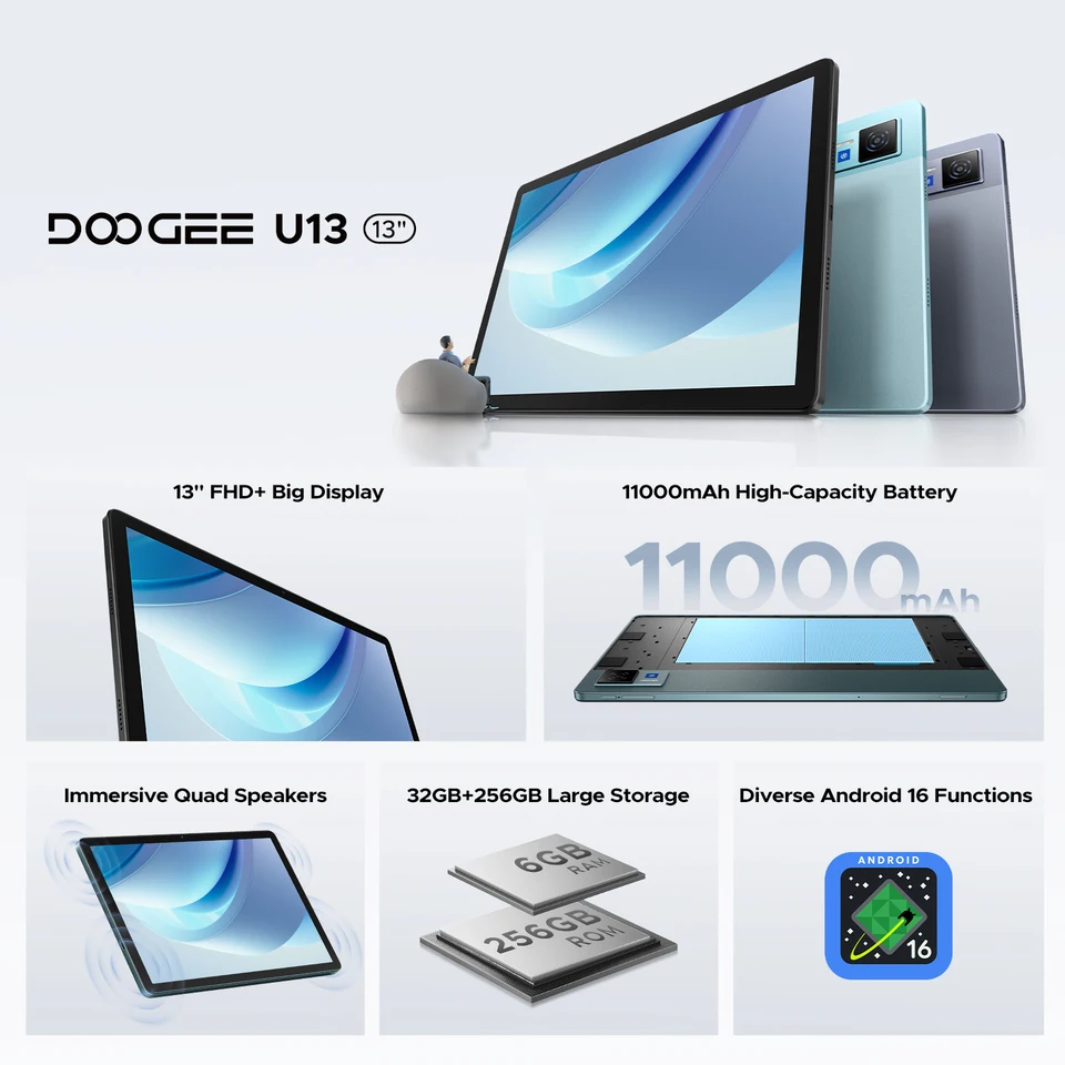 Tablet PC 2 em 1 DOOGEE U13 Android 16 com Tela de 13'', 32GB (6GB