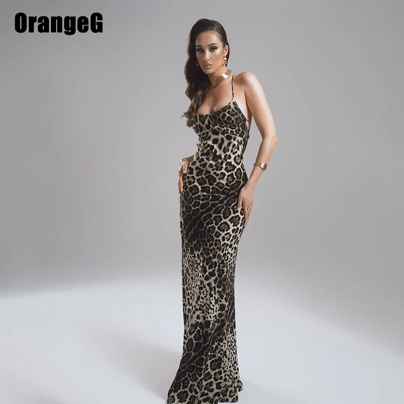 OrangeG Backless Leopard Trumpet Long Dress Women Bodycon Spaghetti Strap Elegant Clubwear Dropshipping Clothes Animal Print