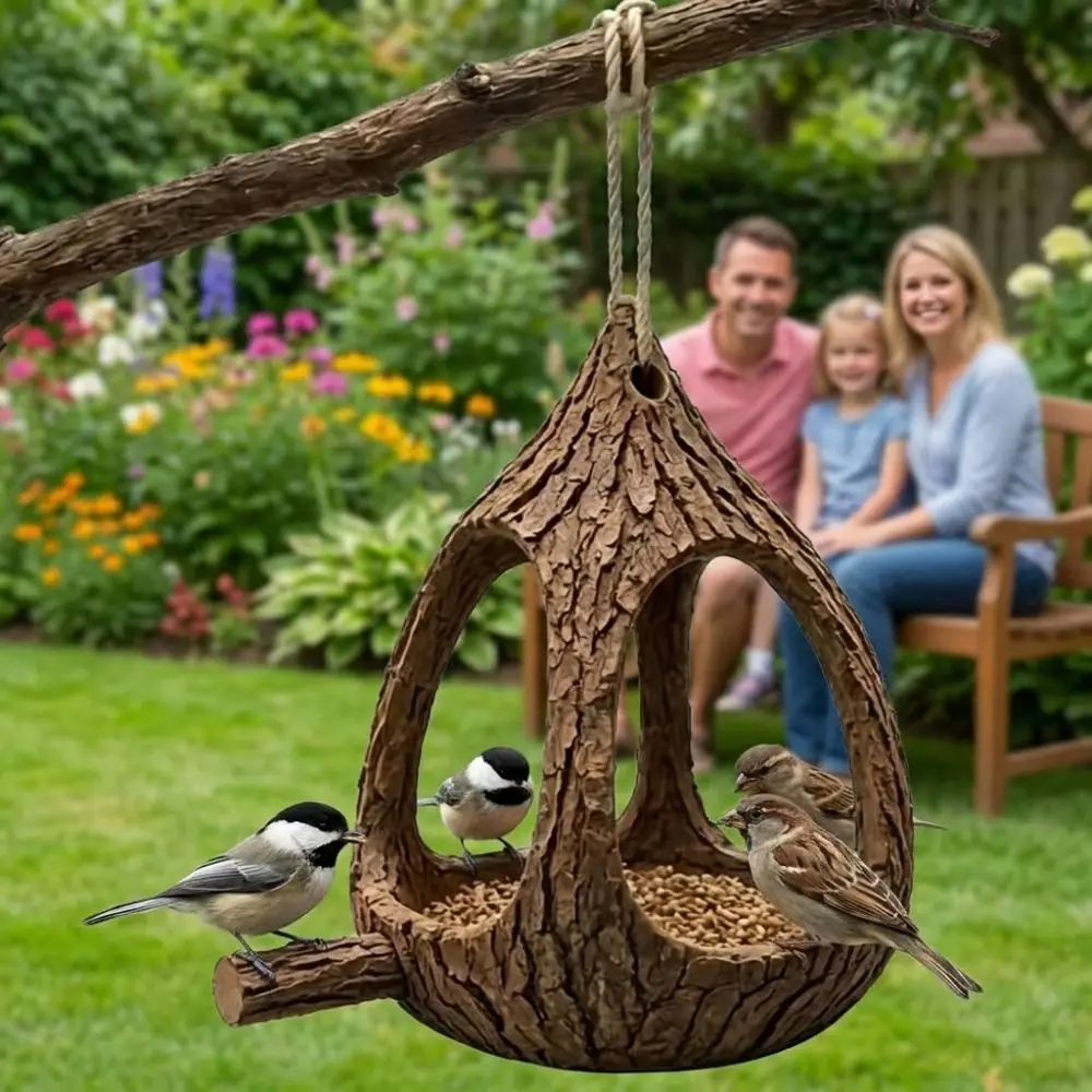 Resin Bird Feeder House Tree Stump Natural Look Hanging Wild Bird Feeder Weather Resistant Waterproof Bird Feeding Station