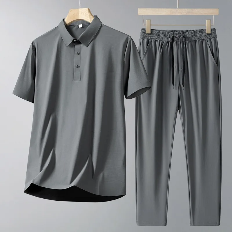 

Men's Middle Aged Ice Silk Polo Set Summer Short Sleeve Polo Shirt Long Pants Nylon Spandex 2 Piece Casual Set