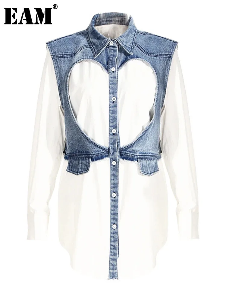 

[EAM] Women White Denim Color-block Big Size Blouse New Lapel Long Sleeve Loose Fit Shirt Fashion Spring Autumn 2024 17A8112