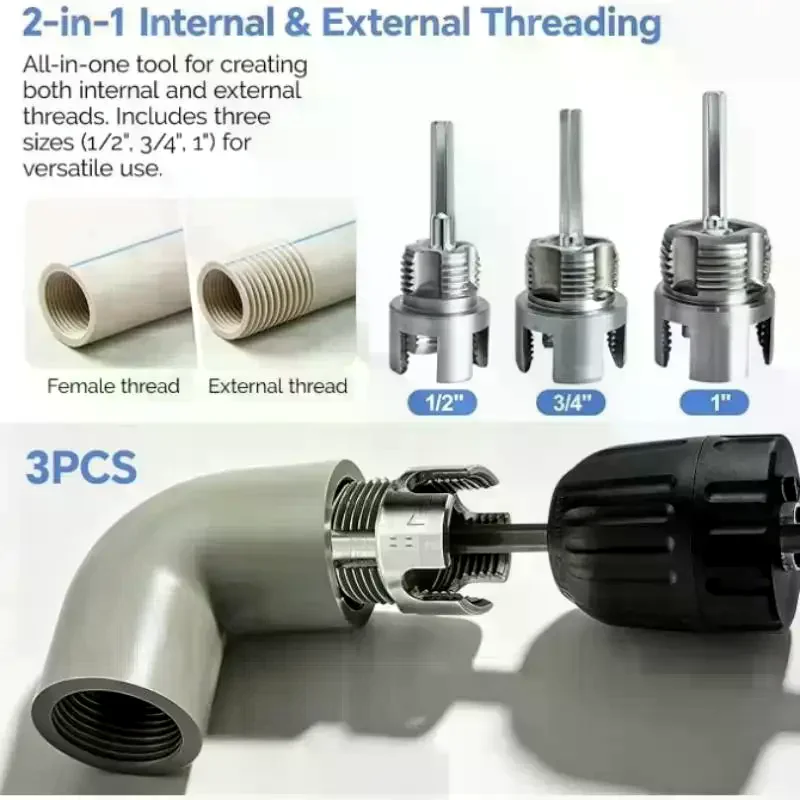 Internal & External Pipe Threading Tool,Electric Drill Compatible Pipe Thread Cutting Tool For Pipes 3Pcs