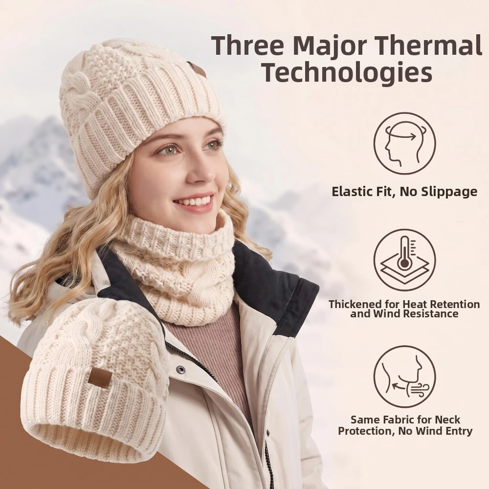 2-Piece Set Knit Hat Scarf Set Cable Knit Thermal Design Winter Cap Neck Warmer Double Layer Thick Warm Thick Warm Beanie Hat