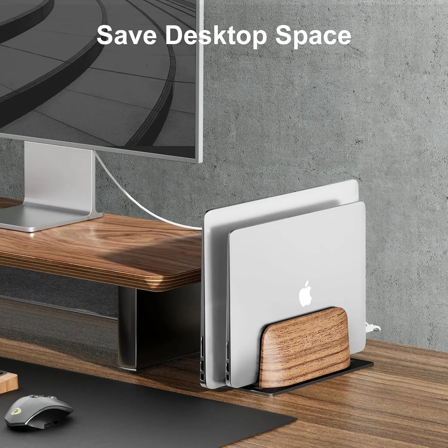 HPERGO Soporte vertical para computadora portátil, soporte vertical para computadora portátil de madera con doble ranura para escritorio, base de ancho ajustable para MacBook Pro