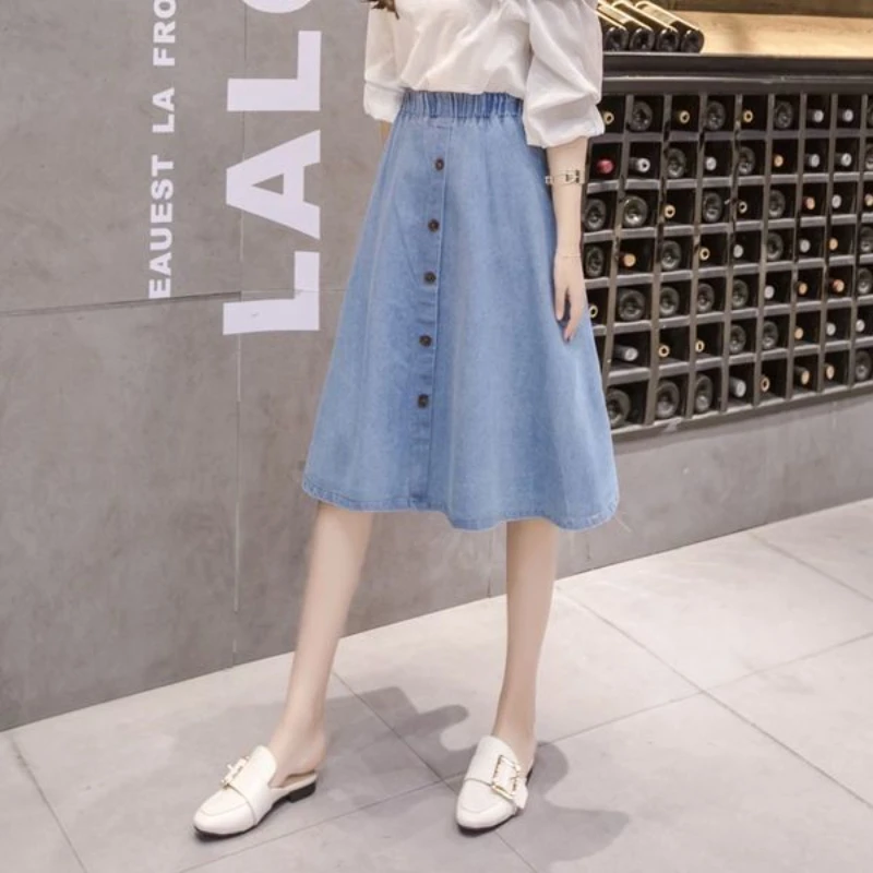 Falda azul hasta la rodilla para mujer, estilo Preppy, algodón, Denim, línea A, cintura elástica, suelta, informal, moda Midiskirt