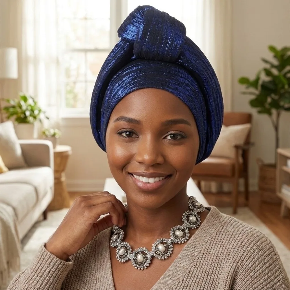 Shiny African Gele Headwrap Front Knot Polyester Nigerian Yoruba Turban Traditional Style Multicolor Options Elegant Headpiece