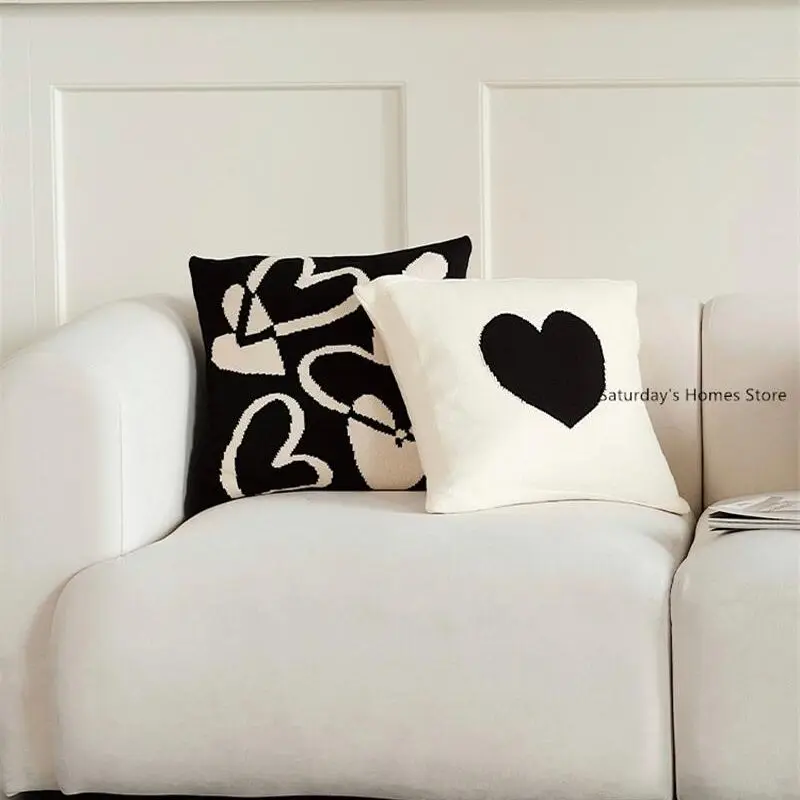 Cute Heart Black & White Knitted Cotton Pillow Case Cushion Cover  Sofa Throw Pillow Cover Pillowcase Cushion for Sofa Bed Decor