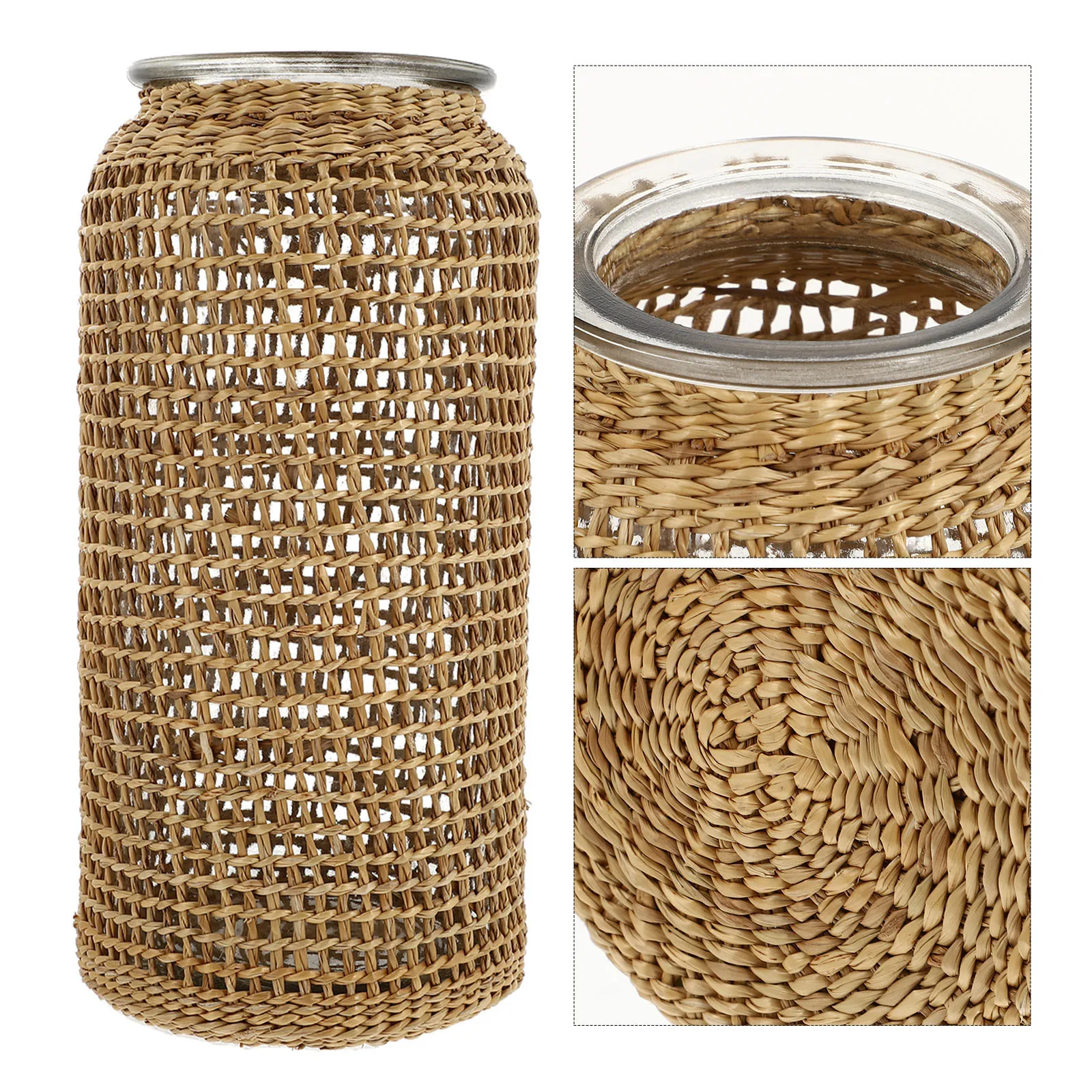 

1pc Grass Woven Glass Vase Decorative Dried Flower Vase For Home Desktop Plant Adornment Household Flower Container