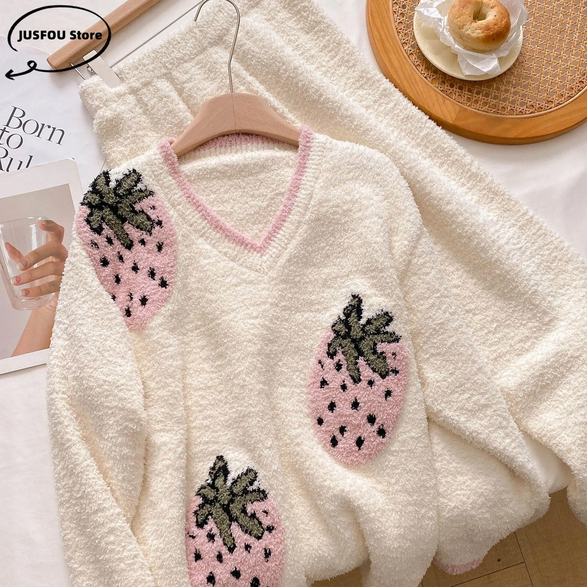 Sweet Strawberry Fleece Home Clothing Autumn Winter Women's Pajamas Set Thicken Half Flannel 2Pcs Sleep Trouser Suits Loungewear