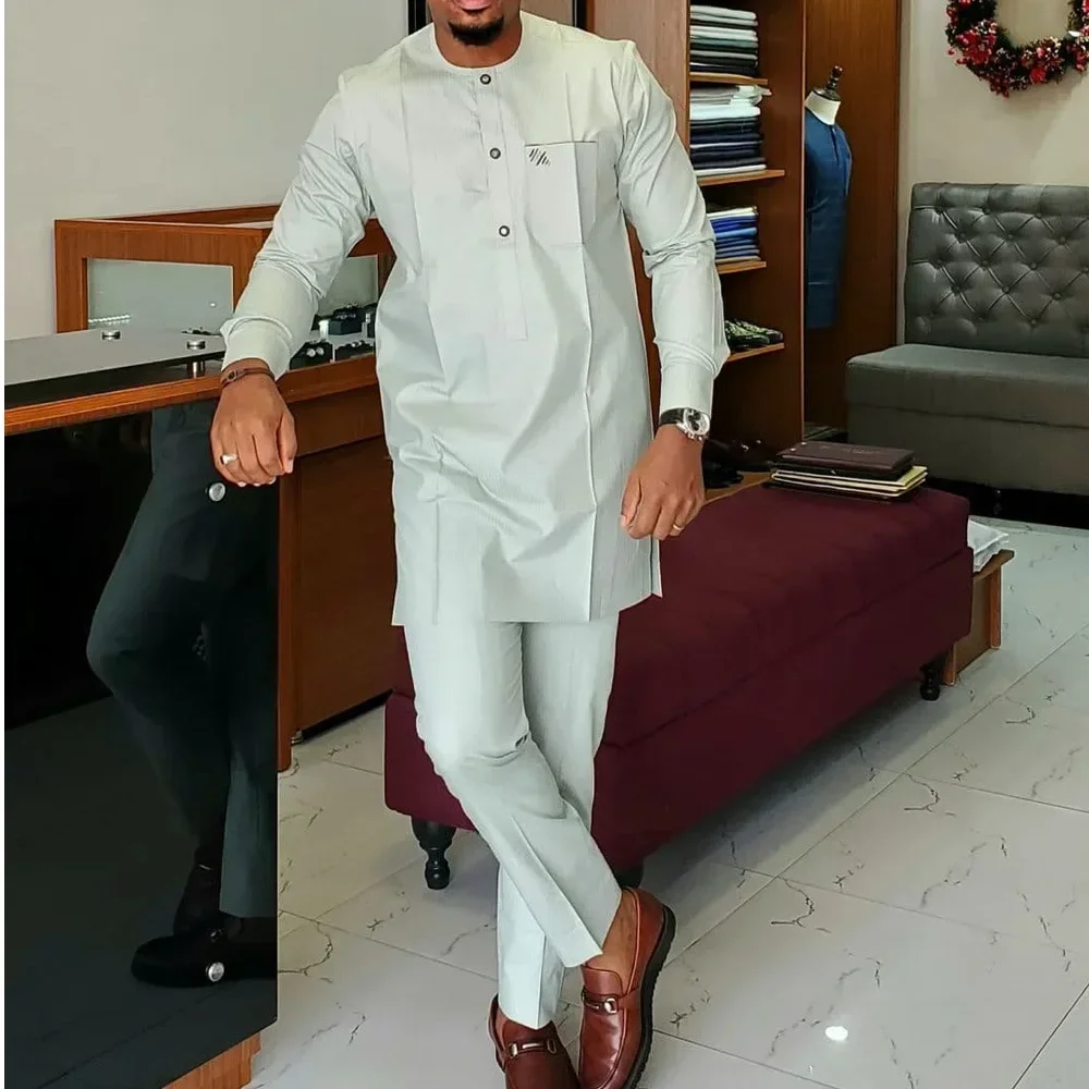 In 2026, the new autumn and winter selling solid color simple African folk style men's casual suit 2-piece set.