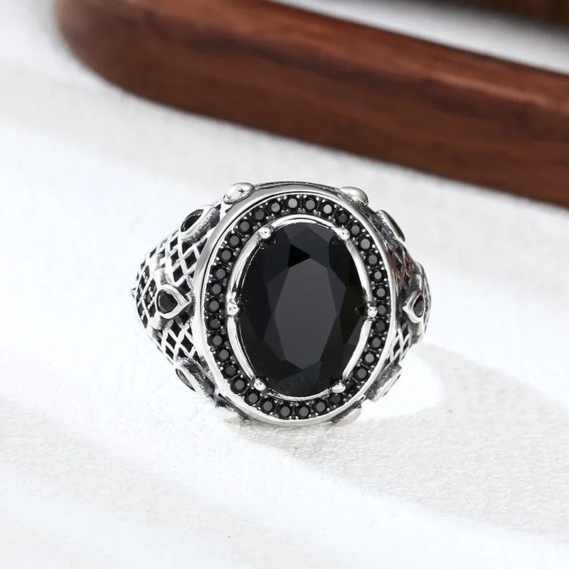 925 Sterling Men And Women,-Shaped Black Agate Ring, Open-End Thai Silver Jewelry