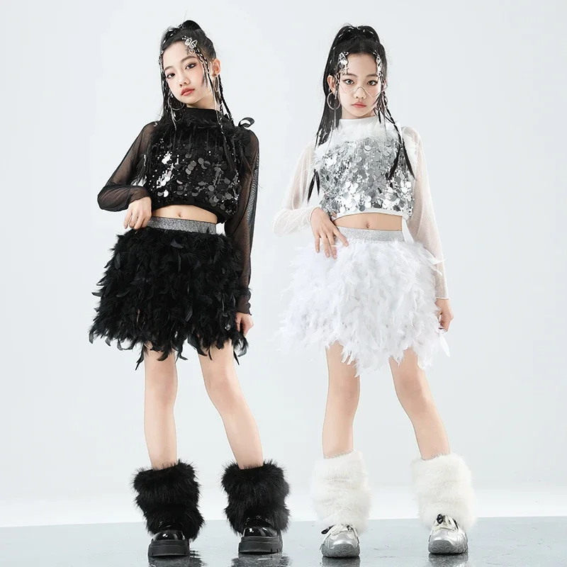 

Girls K-pop Silver Sequins Mesh Crop Top Street Dance Skirt Kids Hip Hop Shiny Streetwear Children Jazz Girl Group Clothes Sets
