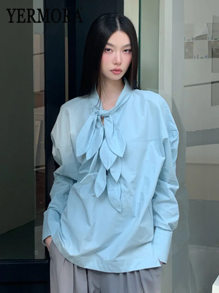 

YERMORA Women's Blue Ribbon Lace Up Brief Casual Blouse Long Sleeve Loose Fit New Shirt Fashion Tide Spring Summer 2026