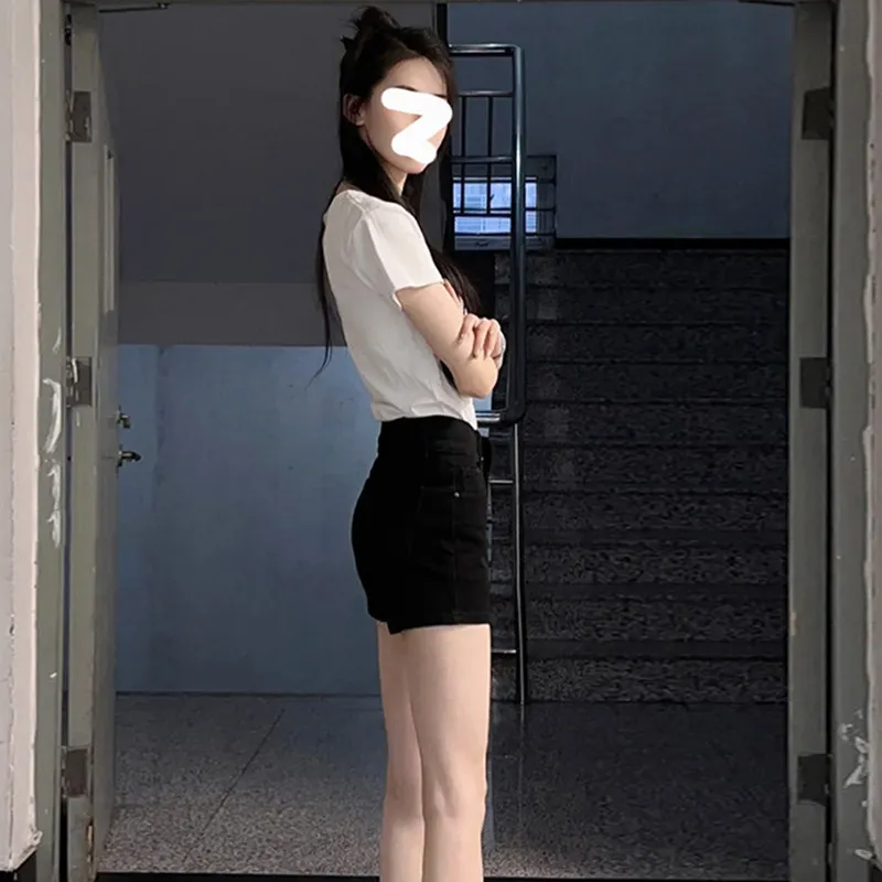 High Waist Black Denim Shorts Women's Summer New Style Small Size Elastic Wide Leg A-Line Hot Pants Cotton Stretch Denim