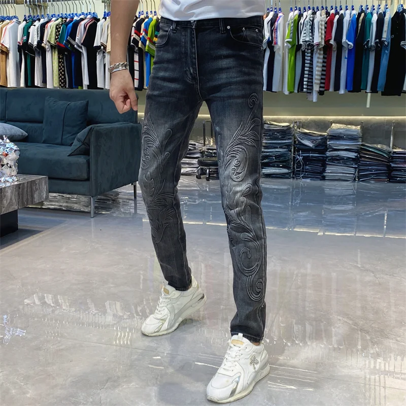 Pantalones de mezclilla elásticos con remaches para hombre, pantalones de mezclilla elásticos con diamantes de imitación rotos destruidos, ropa de