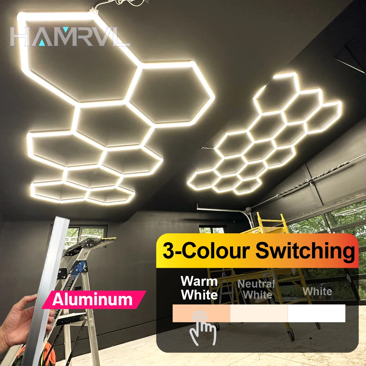 Éclairage LED hexagonal à changement de couleur pour garage, bureau, salon de coiffure, atelier, plafonniers 3000K-6000K, voiture, salle de sport, tube en aluminium nid d'abeille