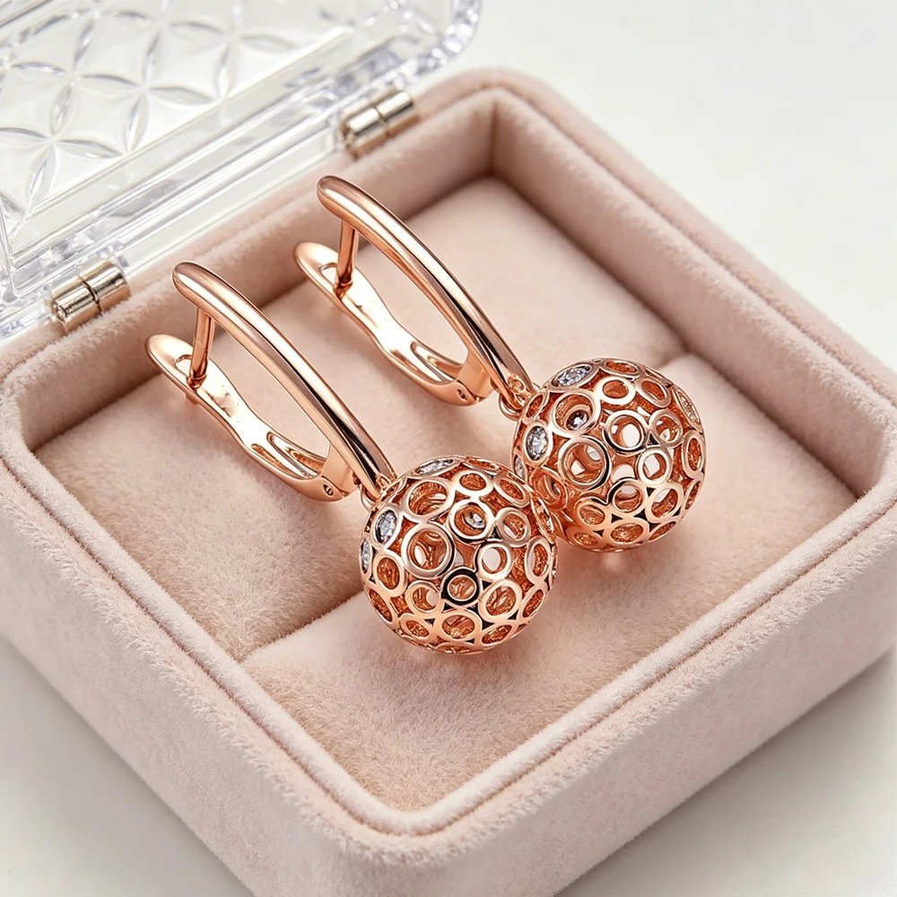Catuni New Hollow Round Drop Earrings Ladies' 585 Gold Set With Natural Zirconia Earrings Unique And Dainty Jewelry Gift
