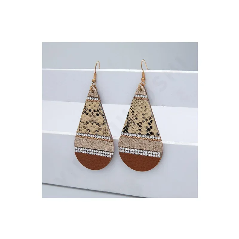 French Vintage Leather Eardrop for Women Droplet Snake Skin Pattern Printed Earrings Jewelry Gift 2024 image 5