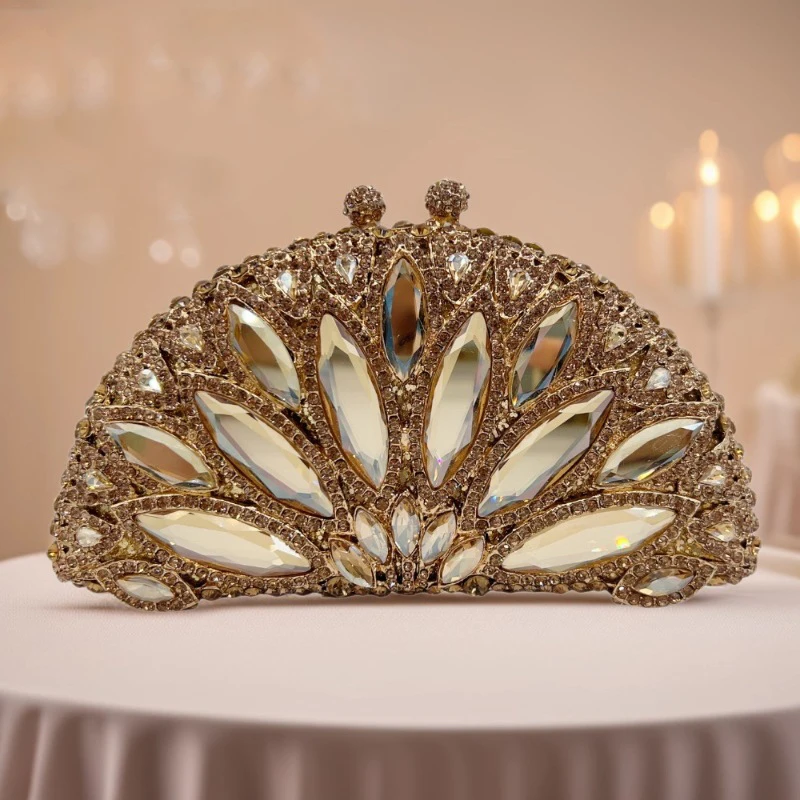 

WHTUOHENG Gold Crystal Evening Clutch Bag Women's Gemstone Diamond Handbag Semicircle Rhinestone Bridal Purse for Wedding