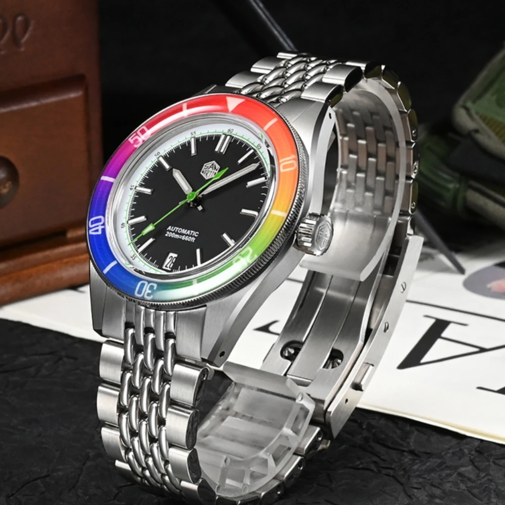 San Martin Men Watch Fashion Sapphire Rainbow Bezel Full Luminous 39.5mm NH35 Automatic Mechanical Waterproof 200m Date SN0116