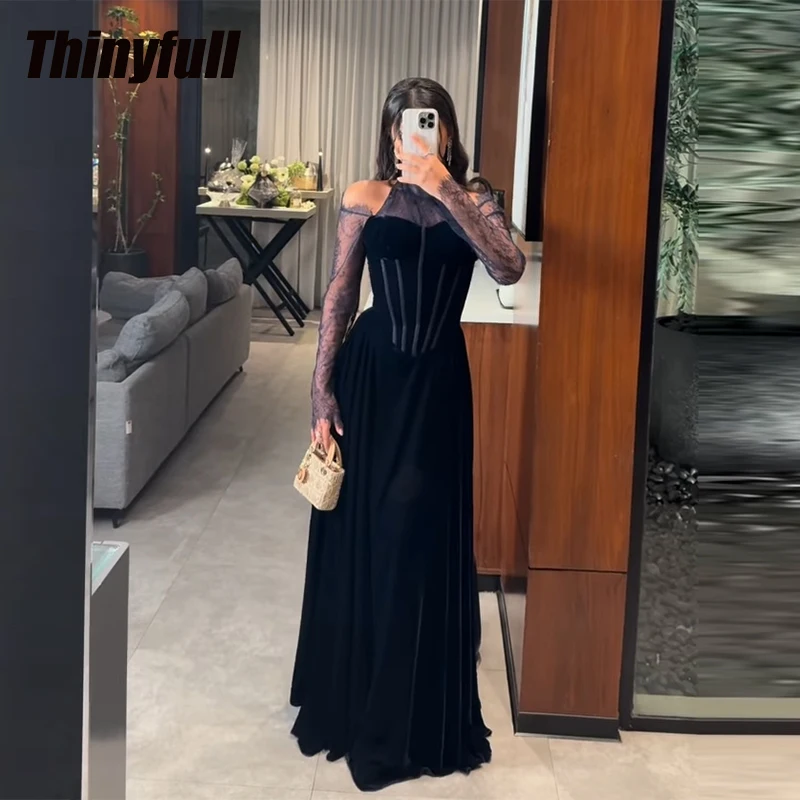 

Thinyfull A-line Arab Velvet/Lace Prom Dresses Halter 2026 Evening Party Gown Dubai Formal Dress robe de soirée Customized
