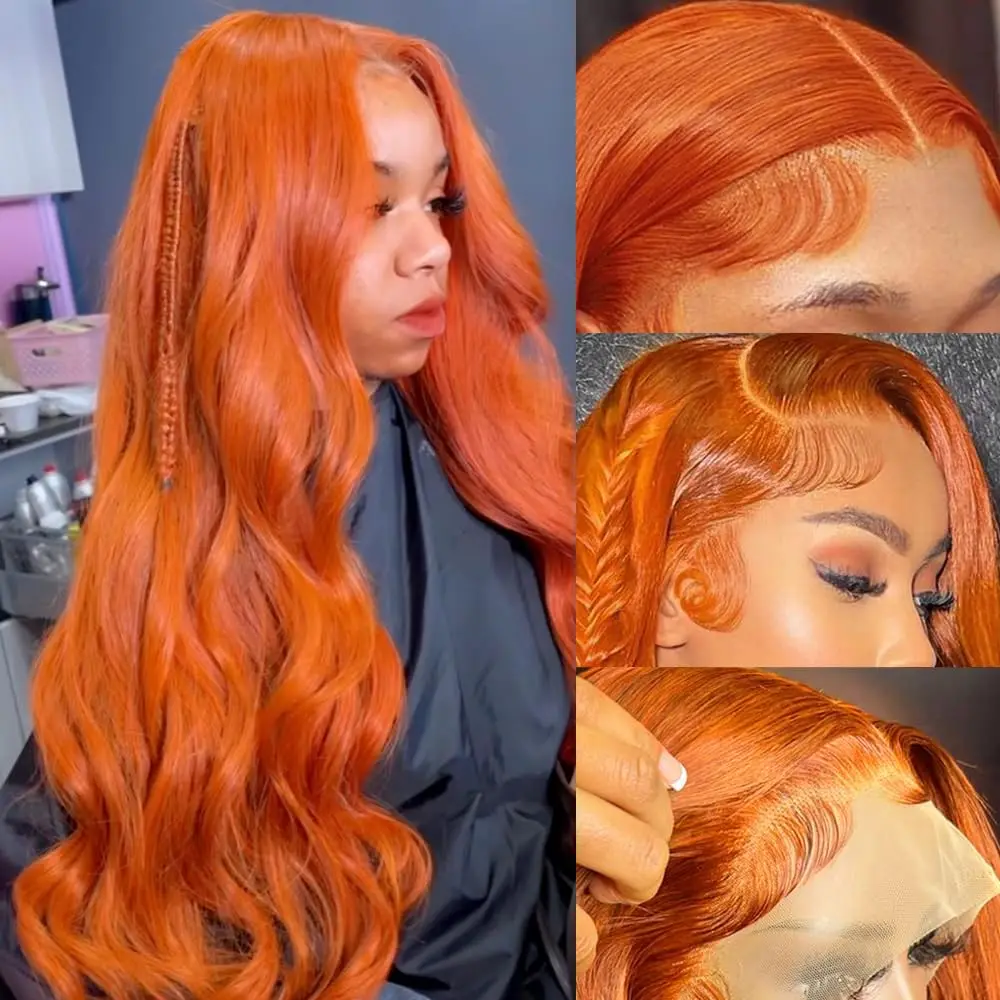 Peruca frontal de renda transparente para mulheres, onda corporal, gengibre laranja, colorido, pré-arrancado, 13x4, peruca frontal, cabelo humano, 13x6