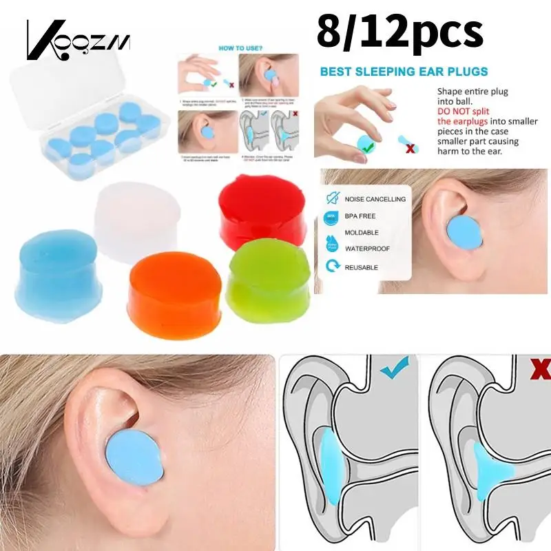 8/12PCS Silicone Ear Plugs Noise Reduction Sleep Anti Canceling Sound Insulation Earplug Protection Sleeping Reusable Ear Plugs