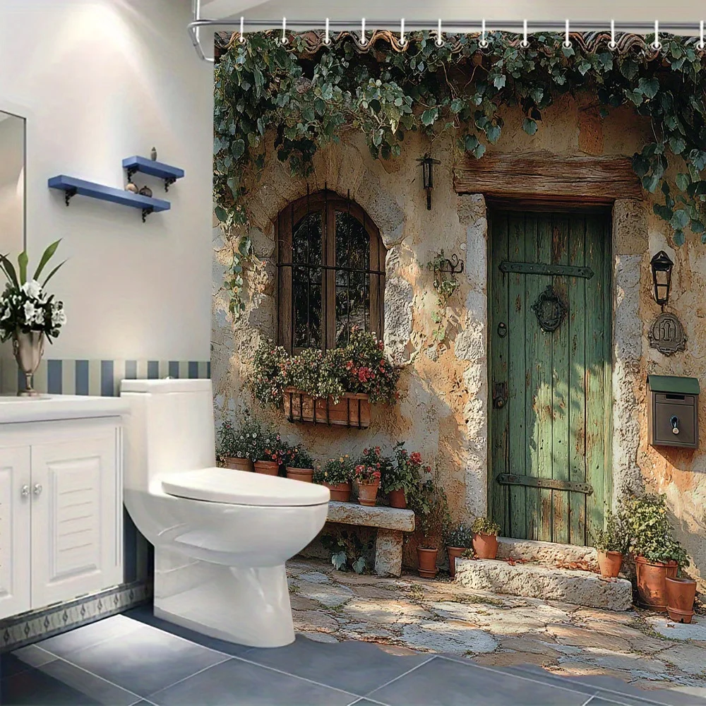 1pc Rustic Log Cabin Shower Curtain, Wooden Door Greenery Potted Plant, Home Shower Curtain, Stylish Moving Gift, Bathroom Decor