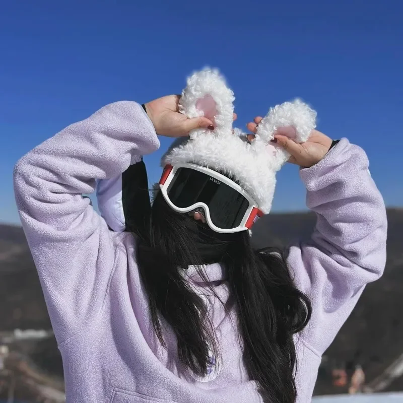 Cute Bunny Ears Ski Helmet Cover Hat Plush Warm and Thickened Cold-proof Pullover Hat Ski Decoration Accessories