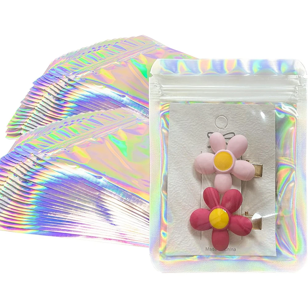 100 Stück holografische wiederverschließbare Mylar-Beutel mit Reißverschluss, Süßigkeiten, Zucker, T-Shirt, Schmuck, Schönheits-Aufbewahrungsbeutel für Partybevorzugung, Heimorganisation