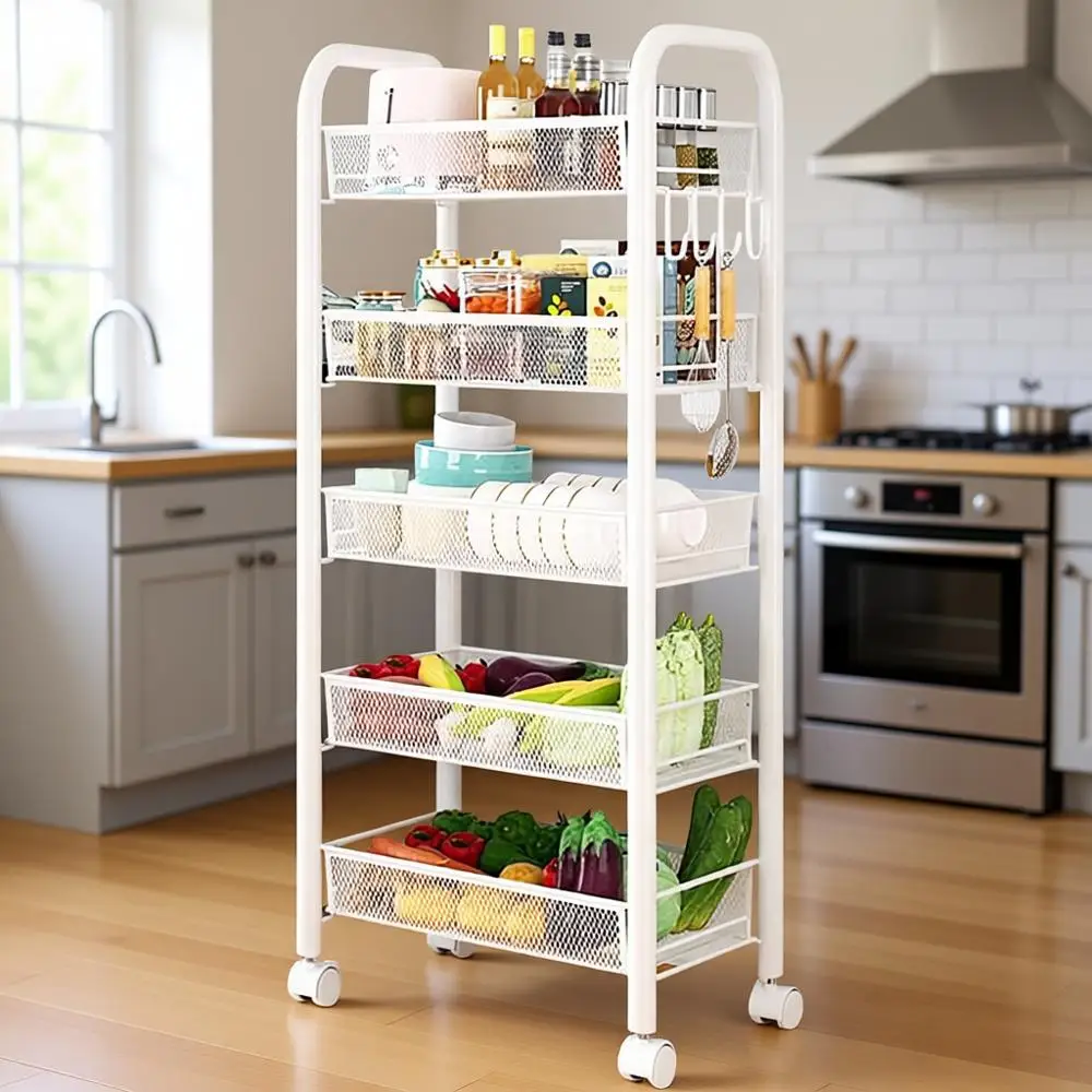 

5-Tier Rolling Storage Cart with Wheels & Handle, Versatile Organizer for Home & Office, White