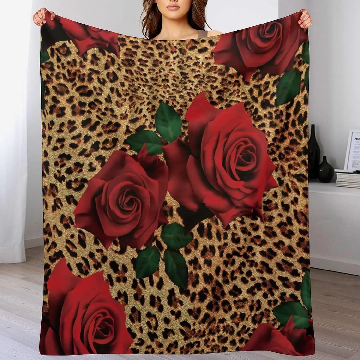 Leopard Print Background Bright Red Rose Green Leaf Print Flannel Throw Blanket Soft Warm Sofa Bedroom Fashion Wild Home Decor