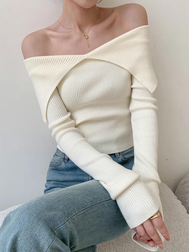 Autumn Winter Women Sweaters Casual Long Sleeve Knitted Pullover Sweater Basic Solid Sexy Off Shoulder Crop Top Fashion Clothes