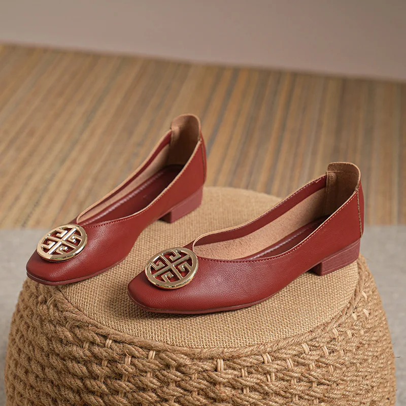 New Boat Shoes for Women Low Heels Pumps Genuine Leather Metal High Heels Shoes OL Daily Dress Shoes image 6