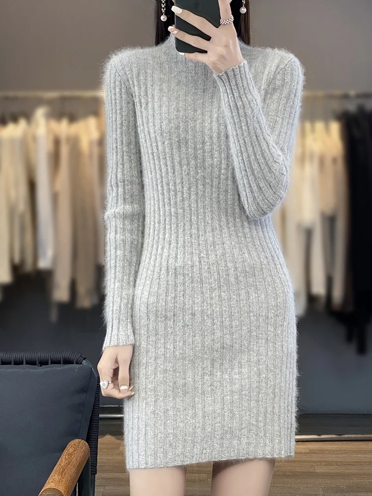 

Women Cashmere Sweater Dress Autumn Winter Mock Neck Slim Soft 100% Mink Cashmere Knitwear High Quality Korean Popular Clothes