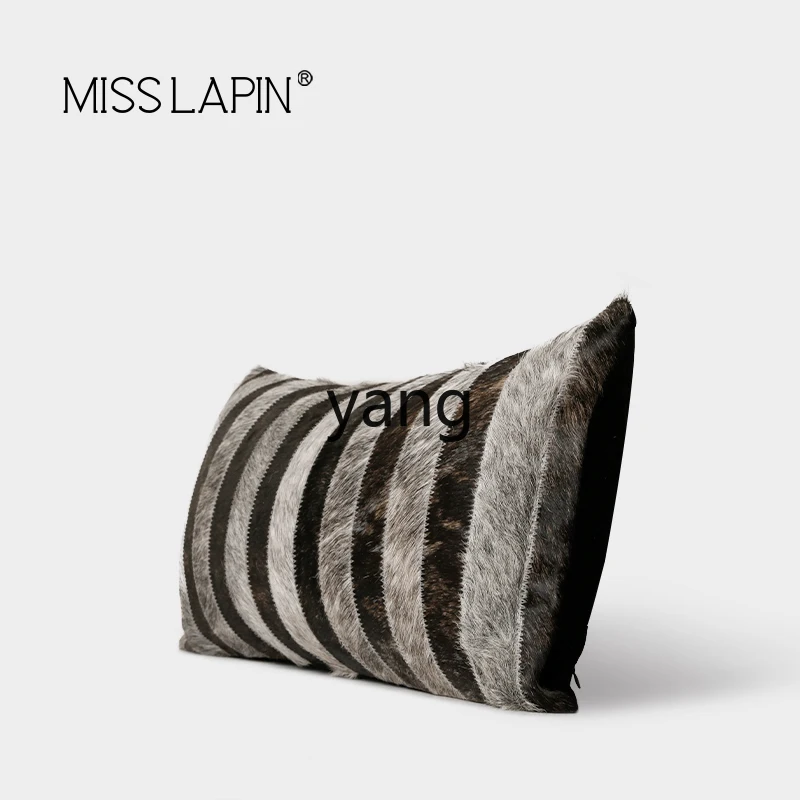 LMM Light Luxury Black Gray Cowhide Interval Stripes Waist Pillow Living Room Sand Fur Throw Pillowcase