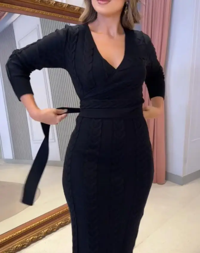 

Wired Texture Overlapping Deep V-Neck Long Sleeved Mid Length Skirt for Autumn and Winter Women's Knitted Hip Hugging Dress