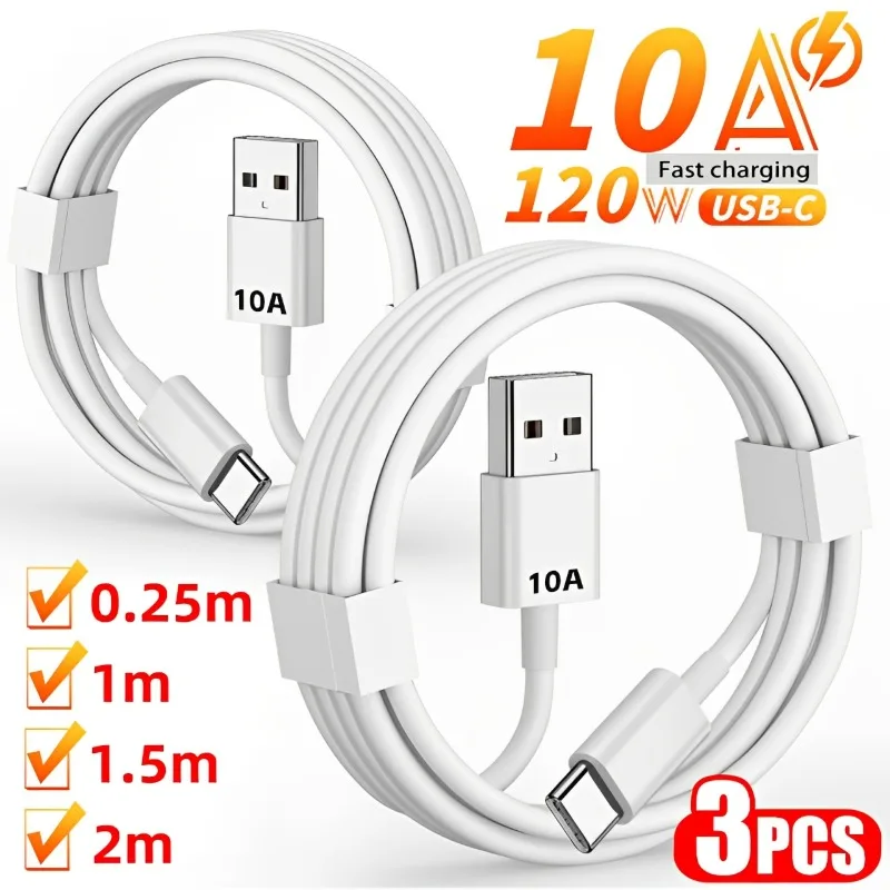 3-1pcs 120W 10A USB A To USB C Fast Charging Cable USB To TypeC High-speed Data Transfer Wires for Samsung Huawei Xiaomi Google