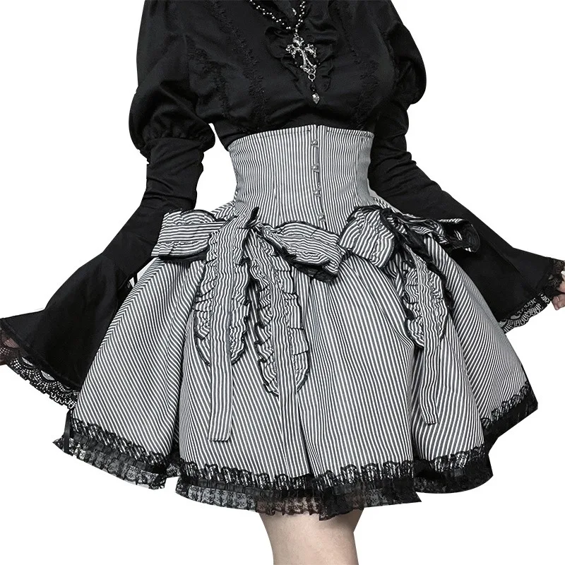 

Harajuku Y2K High Waist Striped Skirt Gothic Lolita Cosplay Cute Bow Lace Patchwork Tutu Skirts for Women Halloween Party Outfit
