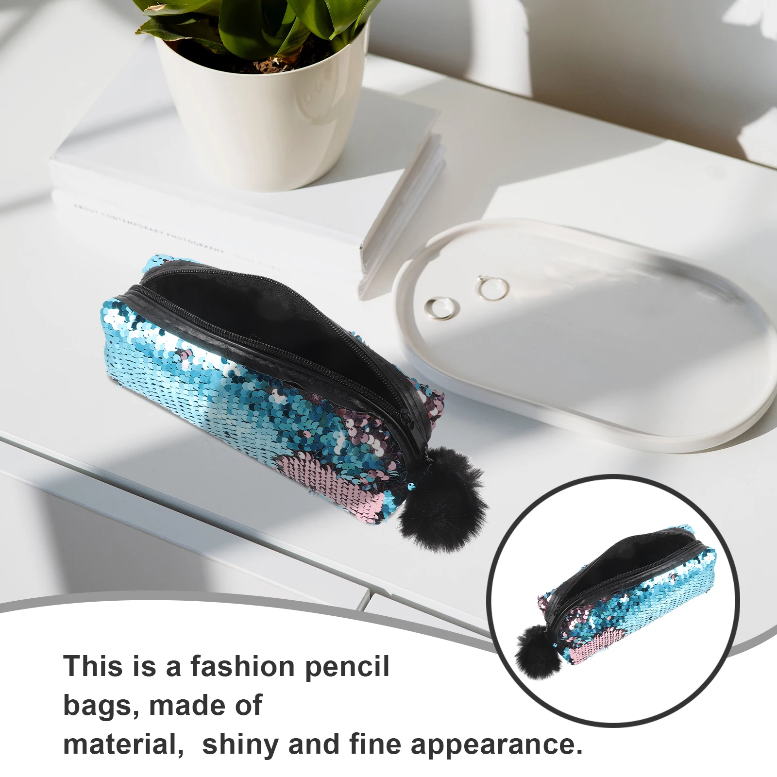 

Blue Sequins Pencil Bag Shiny Fashionable Zipper Pouch Multi Functional Storage for School Office Travel Coin Phone