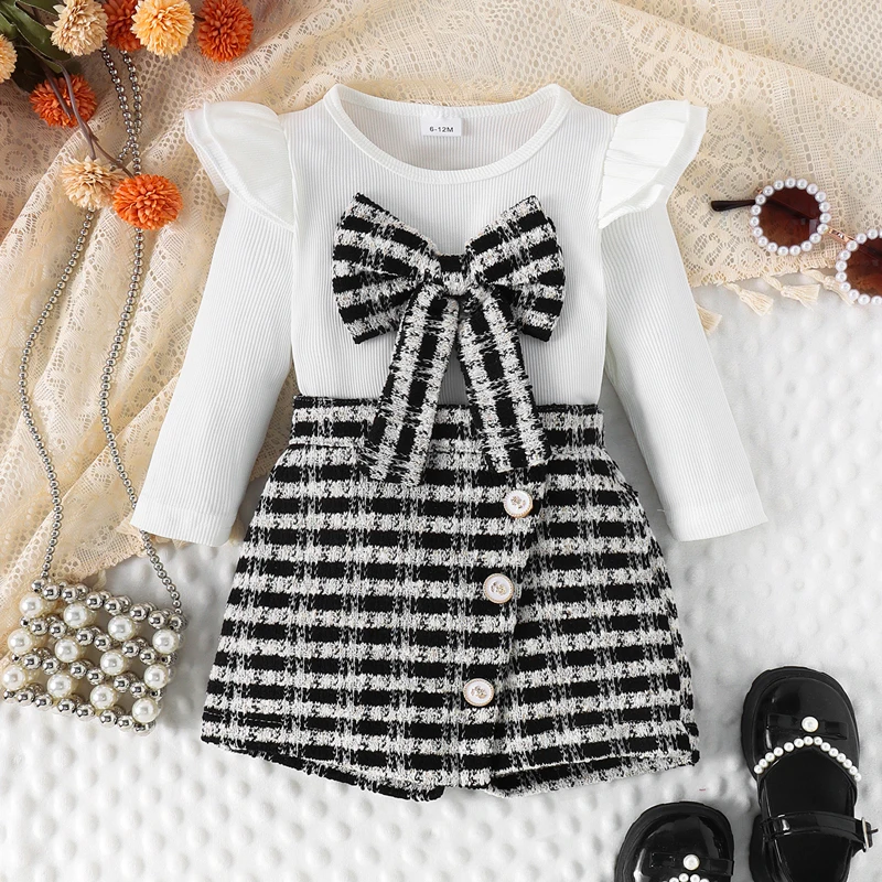 Toddler Girl Fall Fashion Outfits Bowknot Round Neck Long Sleeve Tops Buttons Mini Skorts 2Pcs Clothes Set