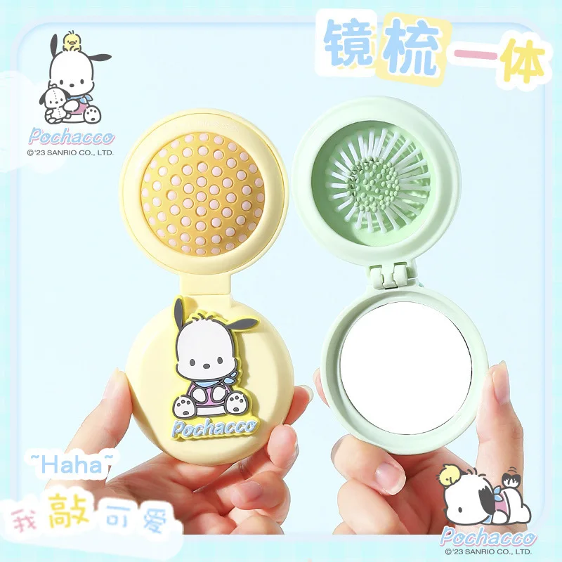 Sanrio Genuine Authorization Cute Pochacco Mini Massage Air Cushion Comb Kuromi Folding Small Airbag Comb Mirror 2-In-1