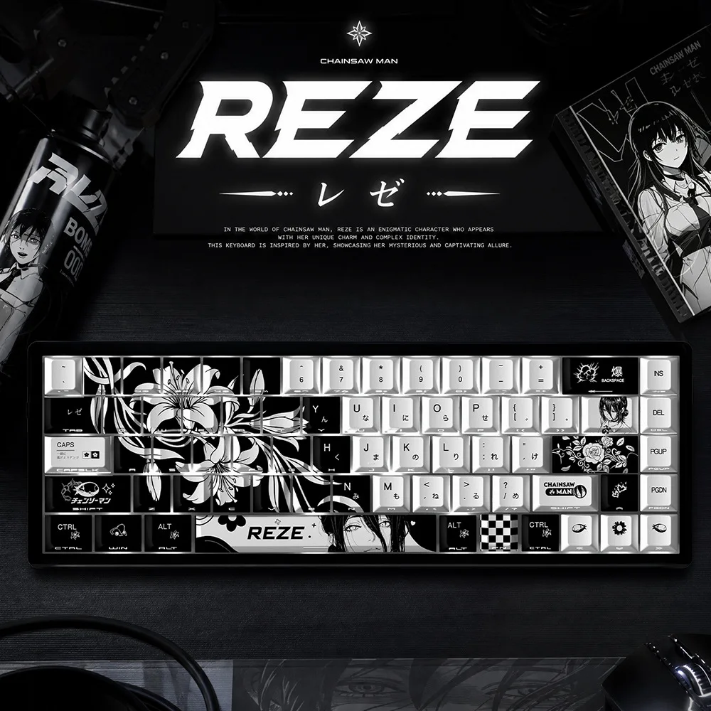 New Reze Cherry Profile PBT Keycaps 5-Side Dye Sub Side Print Shine Through Japanese/Russian Cyrillic Keyboard Caps 74/129 Keys