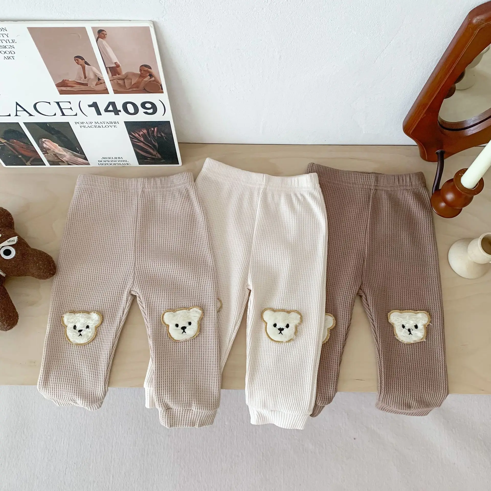 0 to 2 Years Newborn Waffle Baby Boys Girls Bear Pants Cotton Soft Elastic Spring Autumn Kids Harem Pant Trousers