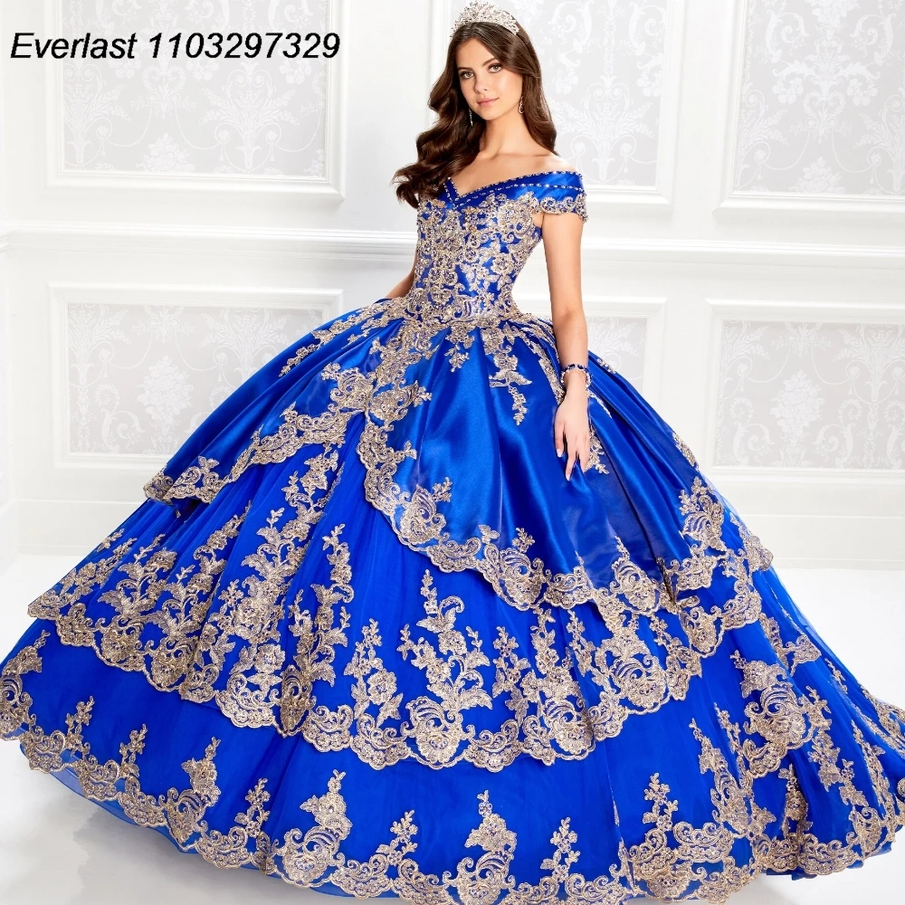 EVLAST Customized Navy Blue Quinceanera Dress Ball Gown Gold Lace Applique Beading Sweet 16 Gown Vestido De 15 Anos TQD351